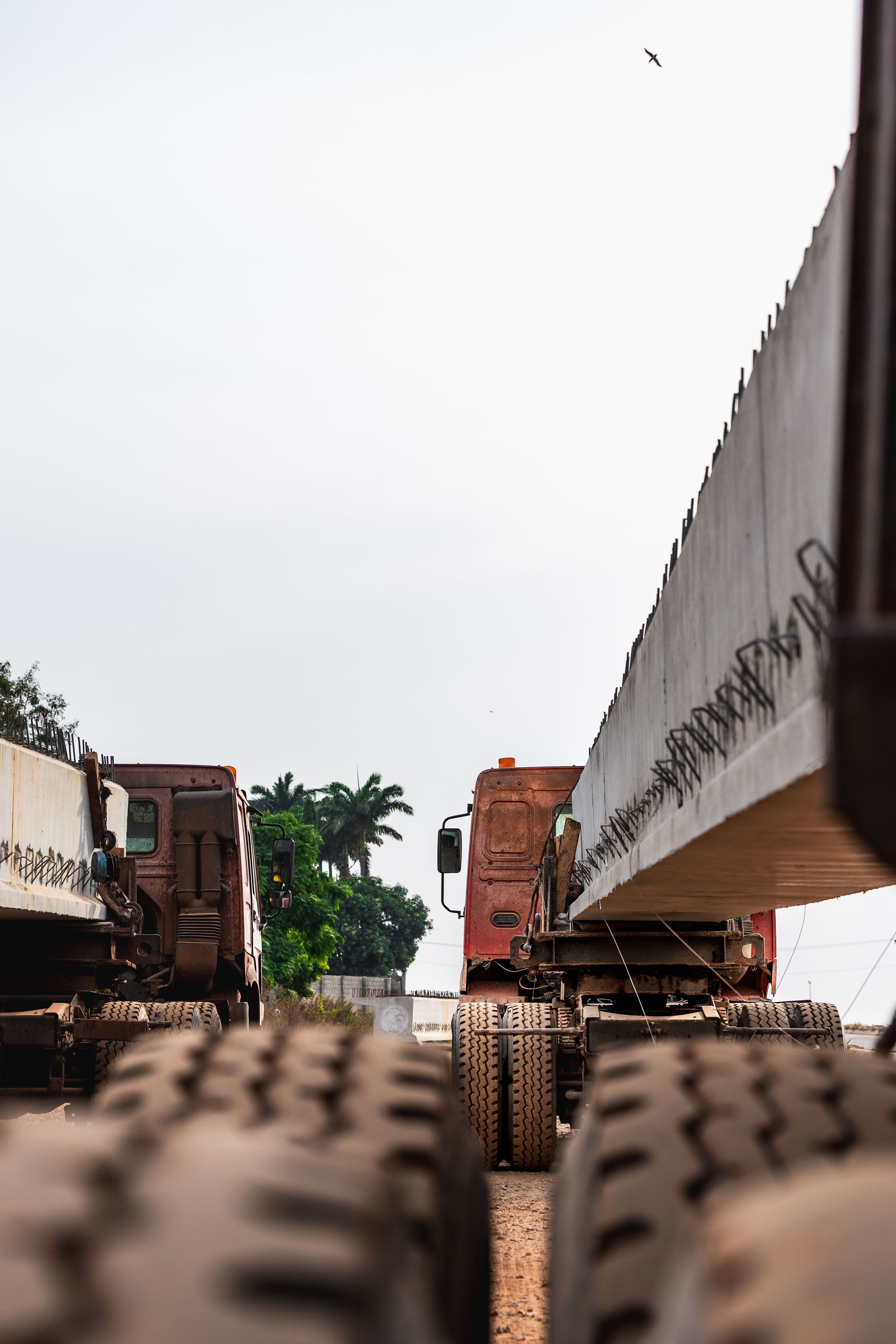 Illustrative precast concrete bridge beams being transported by heavy haulage trucks, not an actual project